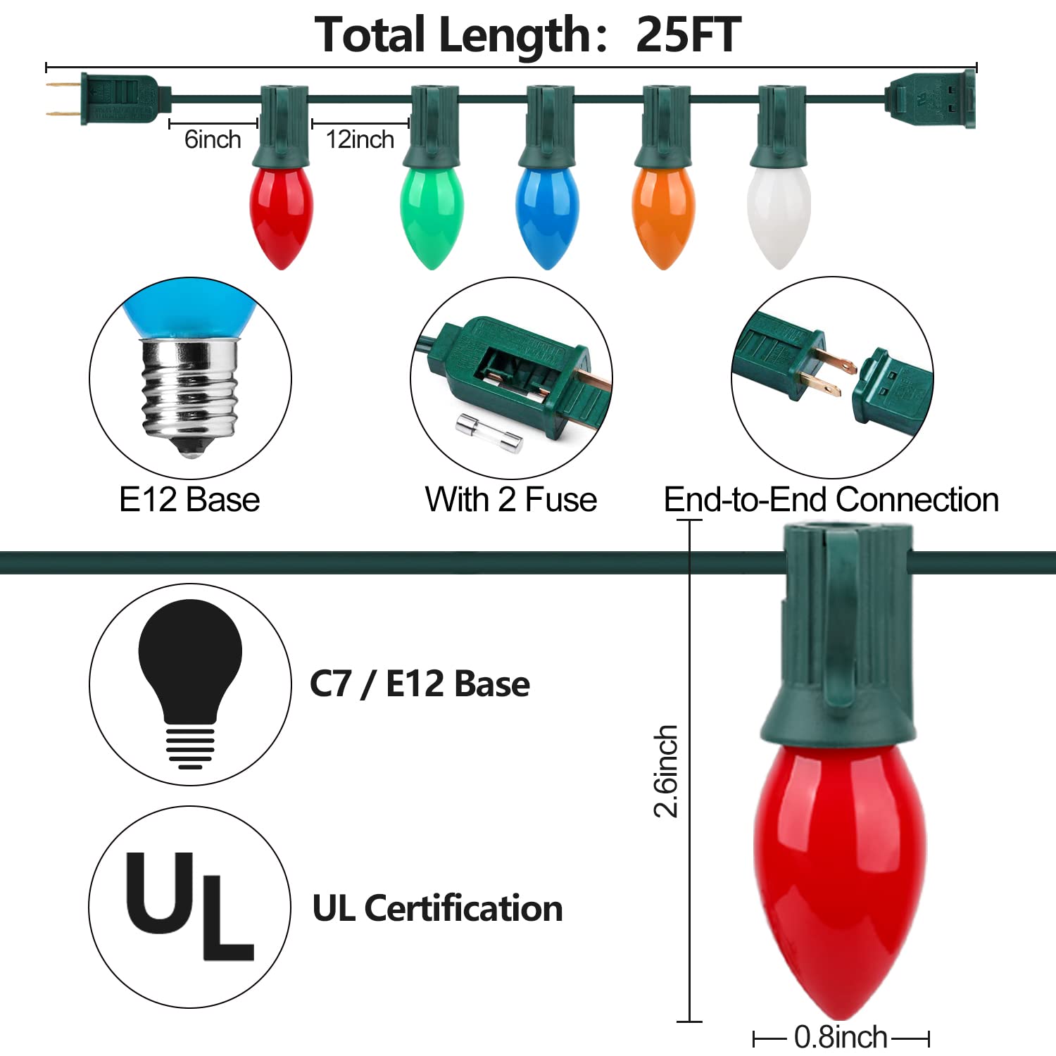 25Ft Vintage Multicolor Christmas Lights For Indoor/Outdoor Decor - 25 Colorful Ceramic Bulbs With 2 Spare Bulbs
