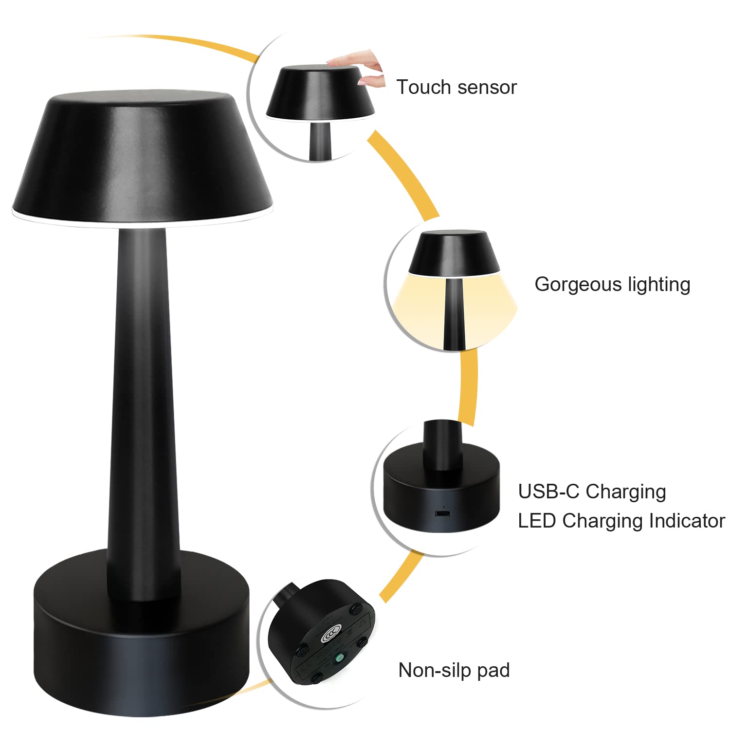 UMEXUS Rechargeable Small Cordless Table Lamp, LED Touch 3 Color Dimming, Metal, Black 2 Pack, Model RG-15825