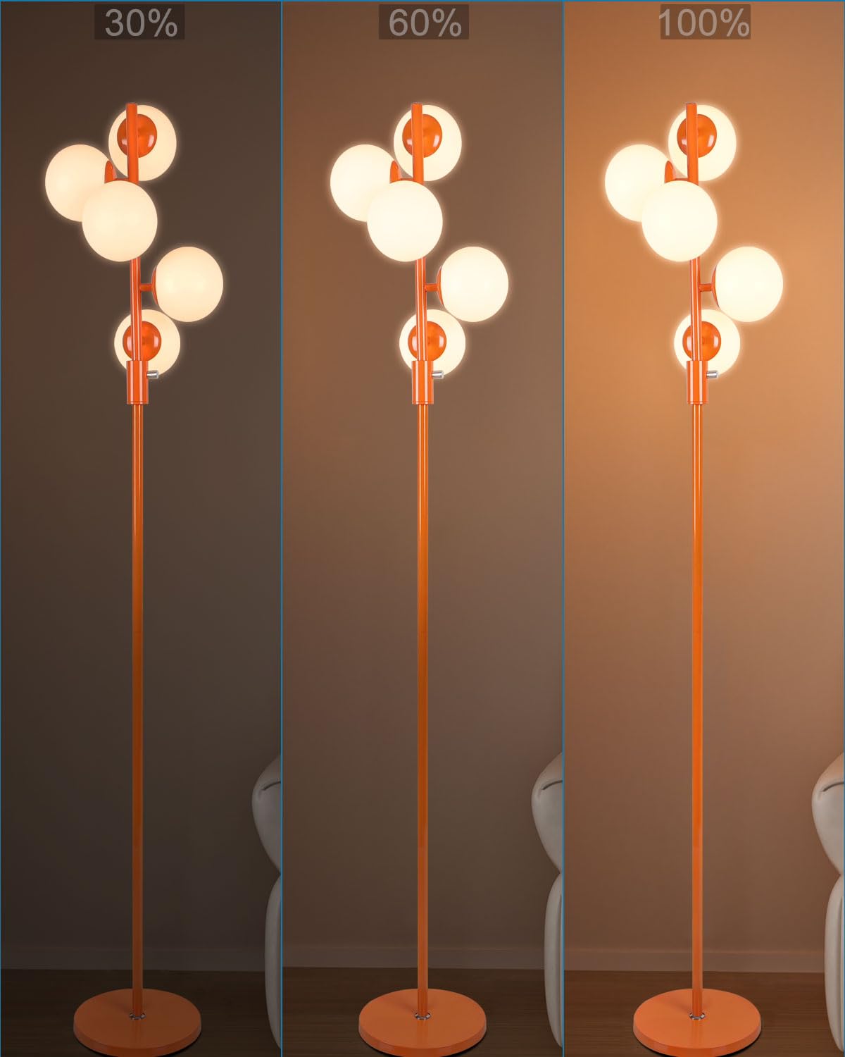Lightdot 5-Globe Dimmable Globe Floor Lamp Orange Retro Standing Lamps With 5Pcs 3000K G9 Bulbs Stepless Brightness Adjustable M
