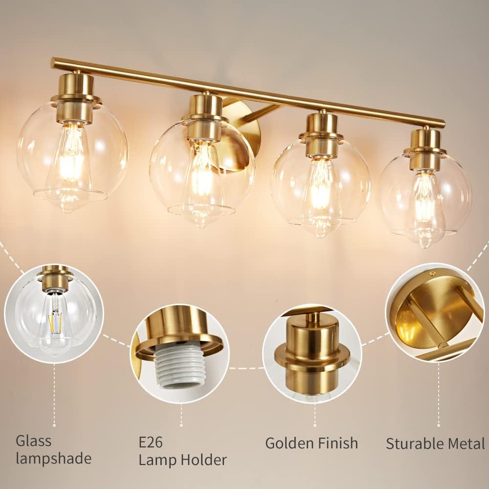 Lanmate Bathroom Light Fixtures Over Mirror 4-Lights Bathroom Vanity Light With Clear Glass Shade 29.5 Inch Modern Wall Sconce G