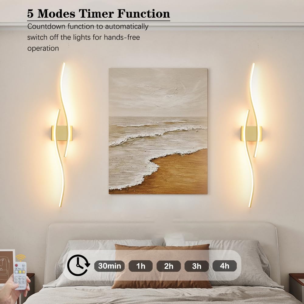 Daunton Modern Wall Sconces Set of 2, Dimmable LED, Gold, 40.5in, Hardwired, Remote Control, Indoor Lighting for Living Room, Bedroom