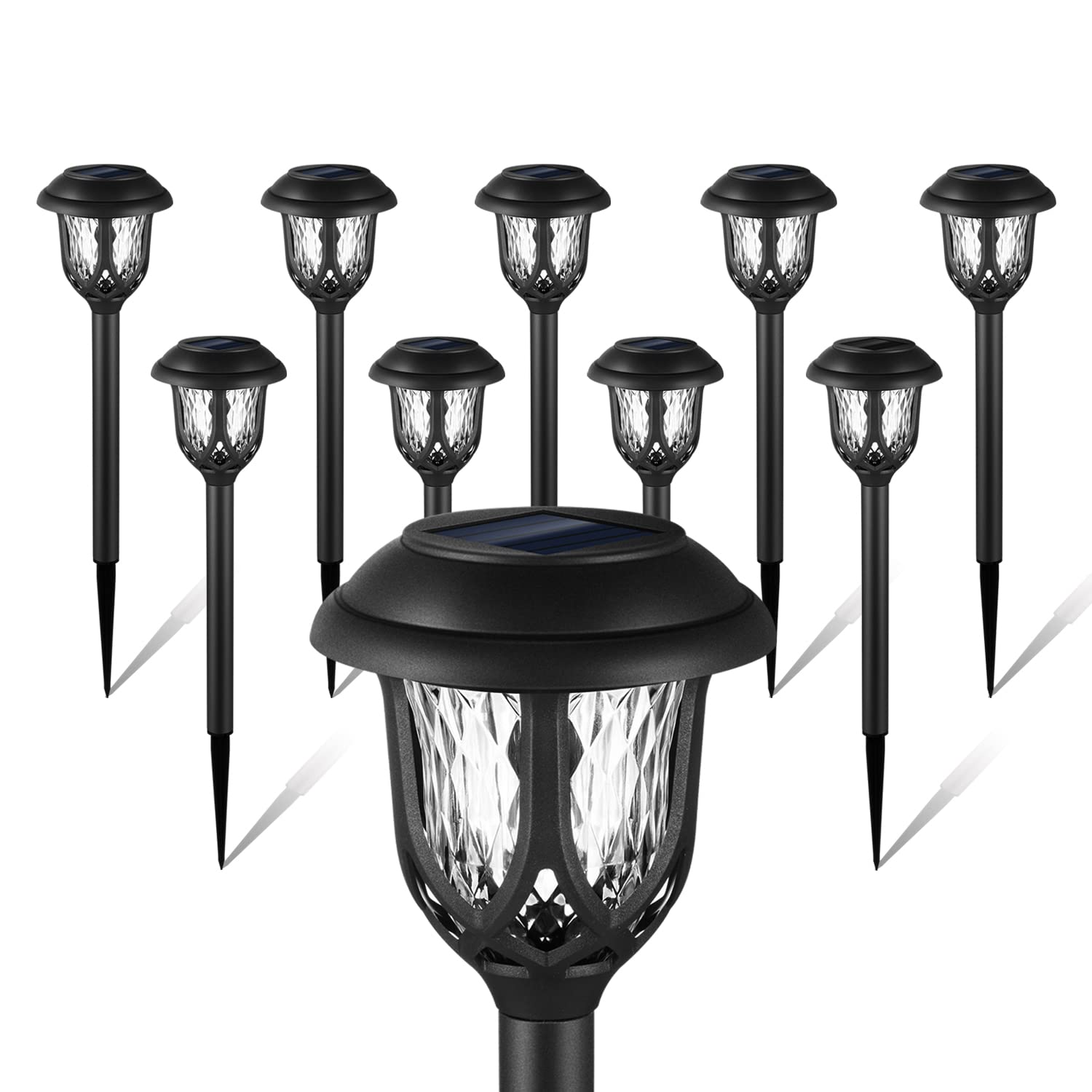EXCMARK Solar Pathway Lights - 10 Pack, Solar Powered, Black, Cool White, Outdoor Decorative Garden Yard Lights for Walkway and Driveway