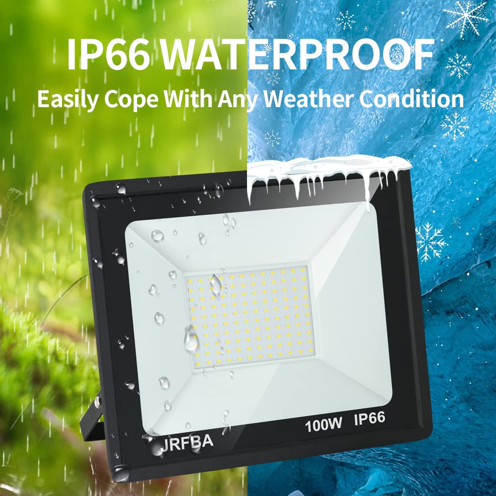 Jrbfa 100W Led Flood Lights Outdoor, 10000Lm Led Work Light With Plug, 6500K Daylight White, Ip66 Waterproof Exterior Security Lights Outside Floodlights For Backyard, Garage, Garden, Lawn