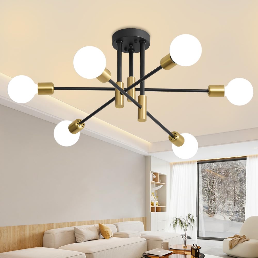 Biewalk Sputnik Chandelier, Mid Century Modern Nordic Pendant Lighting 6 Lights Ceiling Light Fixture Black And Gold Chandelier, For Living Room Kitchen Bedroom Dining Room (E26 Bulb Excluded)