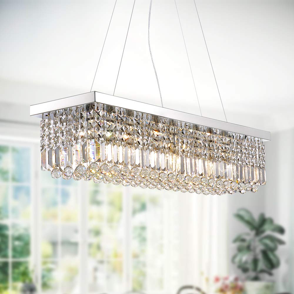 7Pm K9 Crystal Chandelier - Modern Rectangular Pendant Light Fixture, Chrome, L47 X W10 X H10, For Dining Room & Kitchen Island