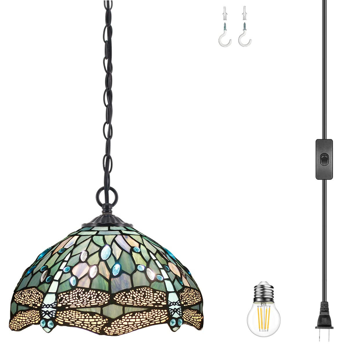 WERFACTORY Tiffany Pendant Light, Sea Blue Glass Dragonfly, 12 Inch Hanging Lamp, Medium Size, Model S147