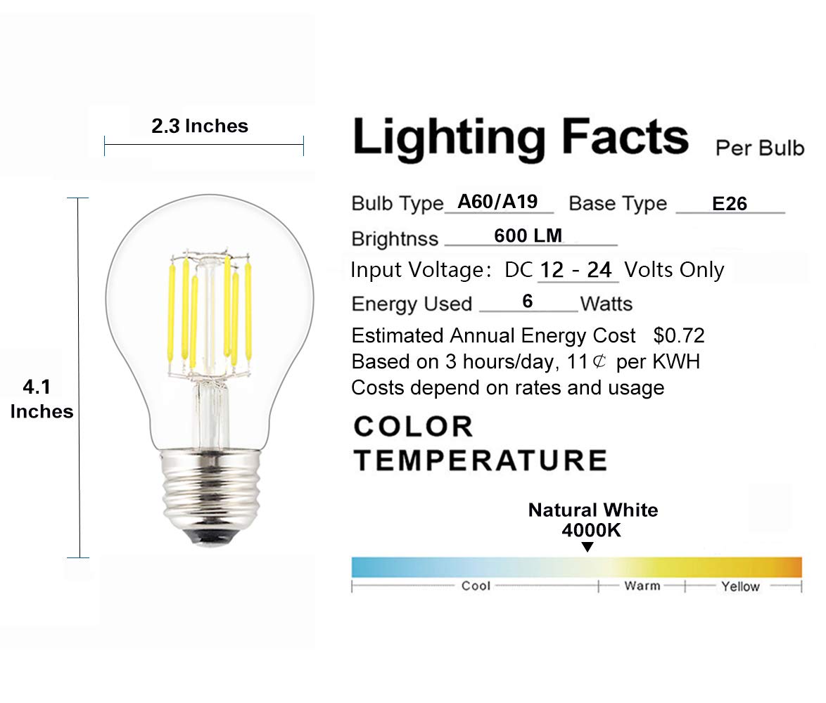 Opalray 12V Edison Bulb, Dimmable, 6W 600Lm, 4000K Natural White