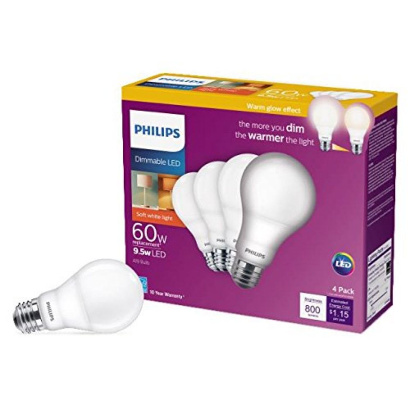 Philips LED A19 Light Bulb, Dimmable, 800 Lumen, Soft White (2700K), 8.8W=60W, E26 Base, 6-Pack