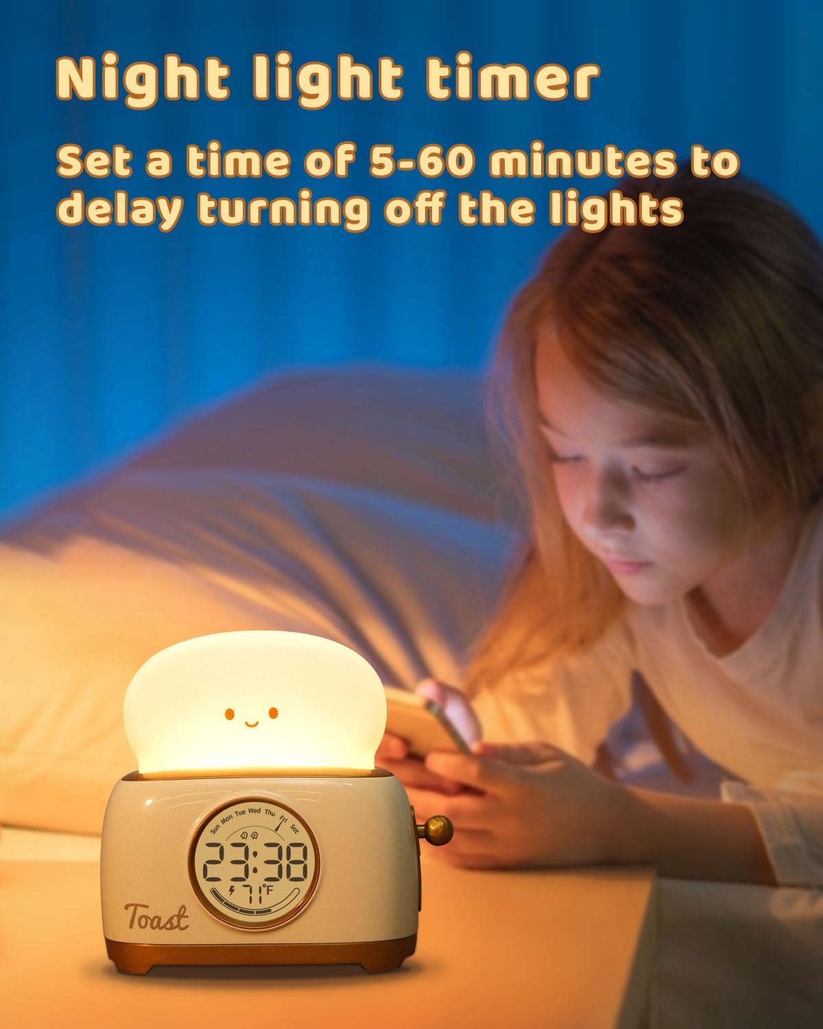 BANDIANCY Toast Night Light Alarm Clock - Cute Yellow Silicone Kids Sleep Trainer for Toddlers, Gifts for Boys & Girls, Bedroom Decor