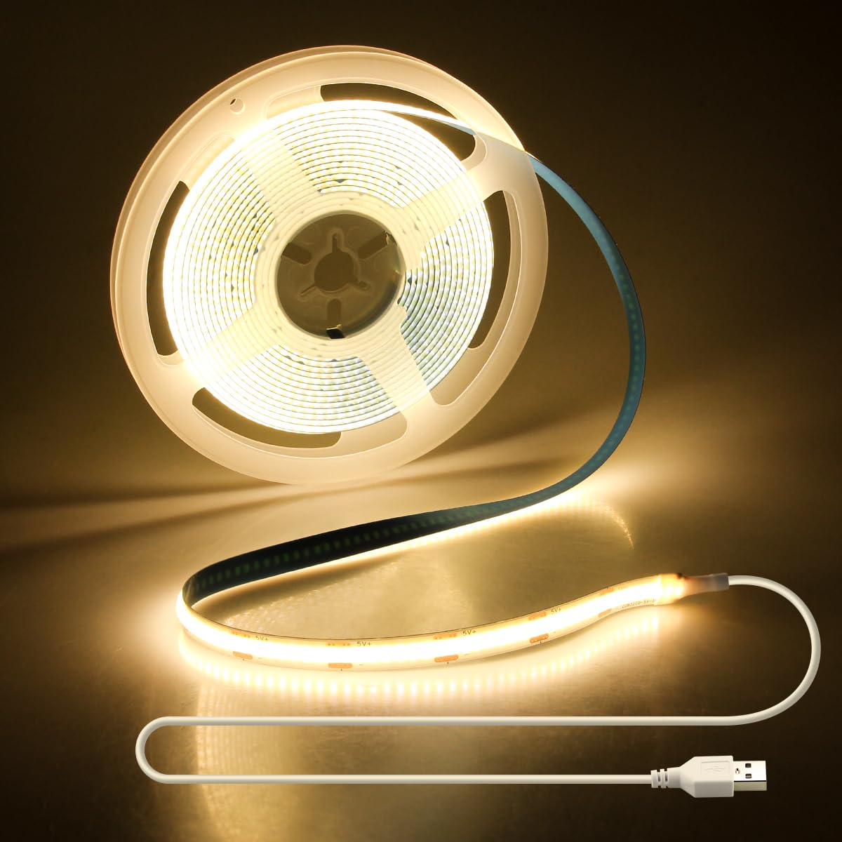 Aclorol 13.12FT/4M USB COB LED Band Lights Warm White LED TV Backlight with Strong Self-Adhesive Flexible for Bedroom Shelves Bedframe Headboard Closet Wardrobe Display Case 320LEDs/M 3000K 8MM Width