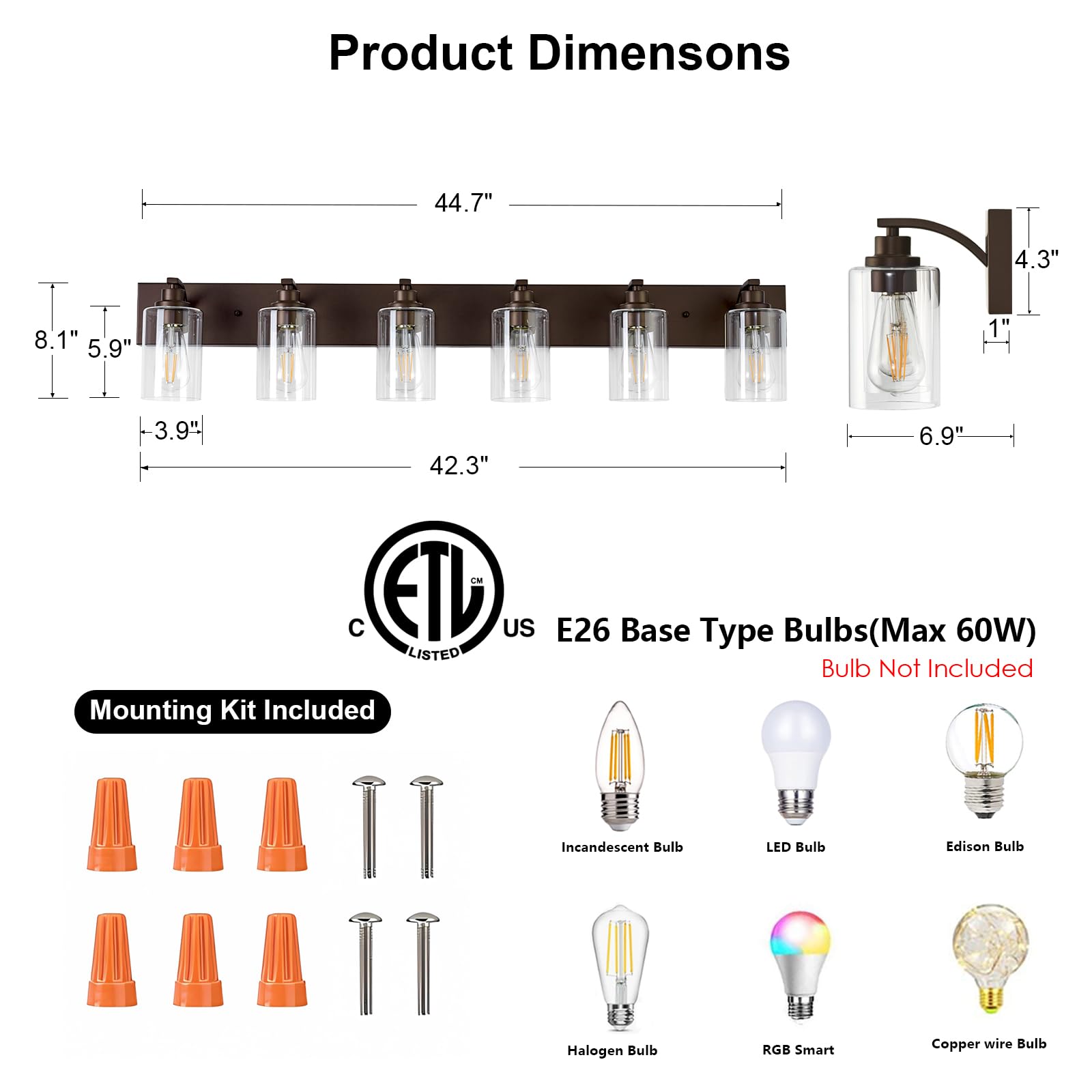 Alaislyc 6-Light Bathroom Light Fixtures Modern Orb Vanity Lights For Bathroom Lighting Fixtures Over Mirror With Clear Glass Shade For Cabinet Mirror Bedroom Hallway