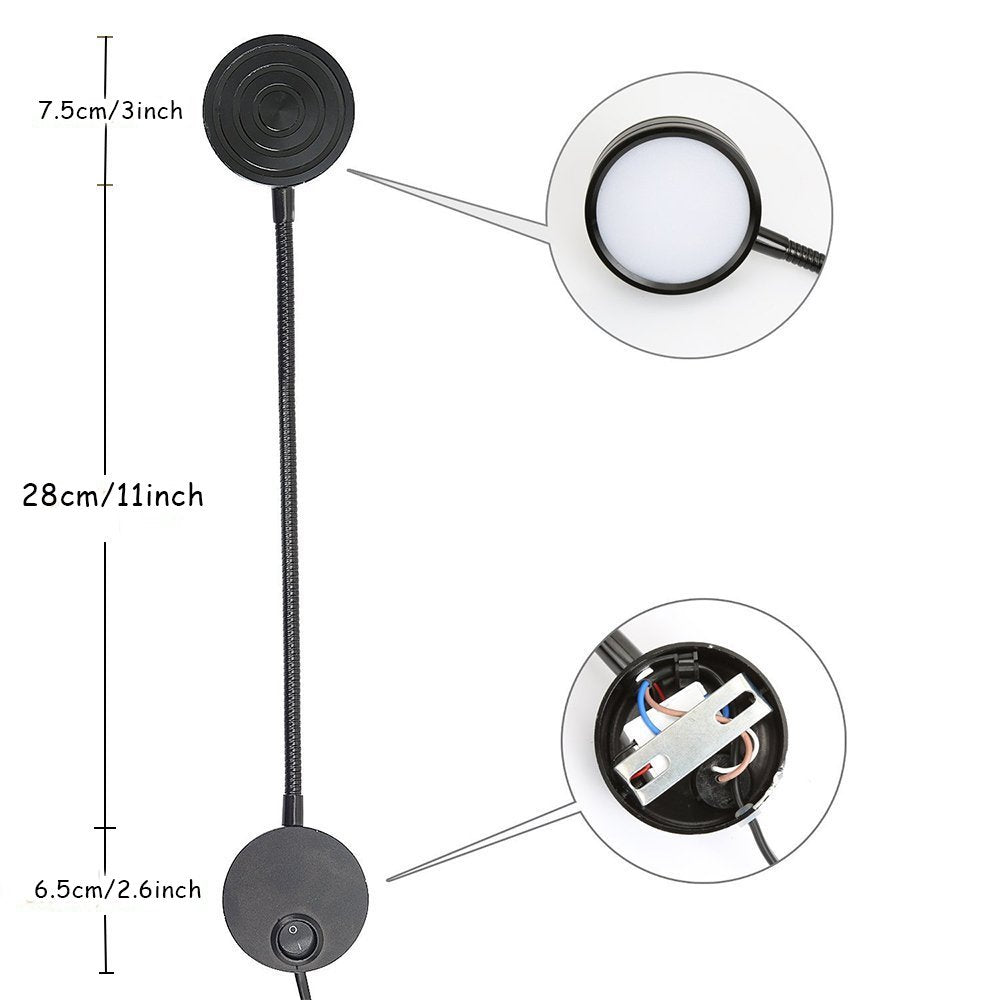 WeFoonLo 5W Wall Mounted Reading Light Flexible Gooseneck LED Sconce Lamp with Plug & Switch for Bedroom, Office, Workbench, Stu