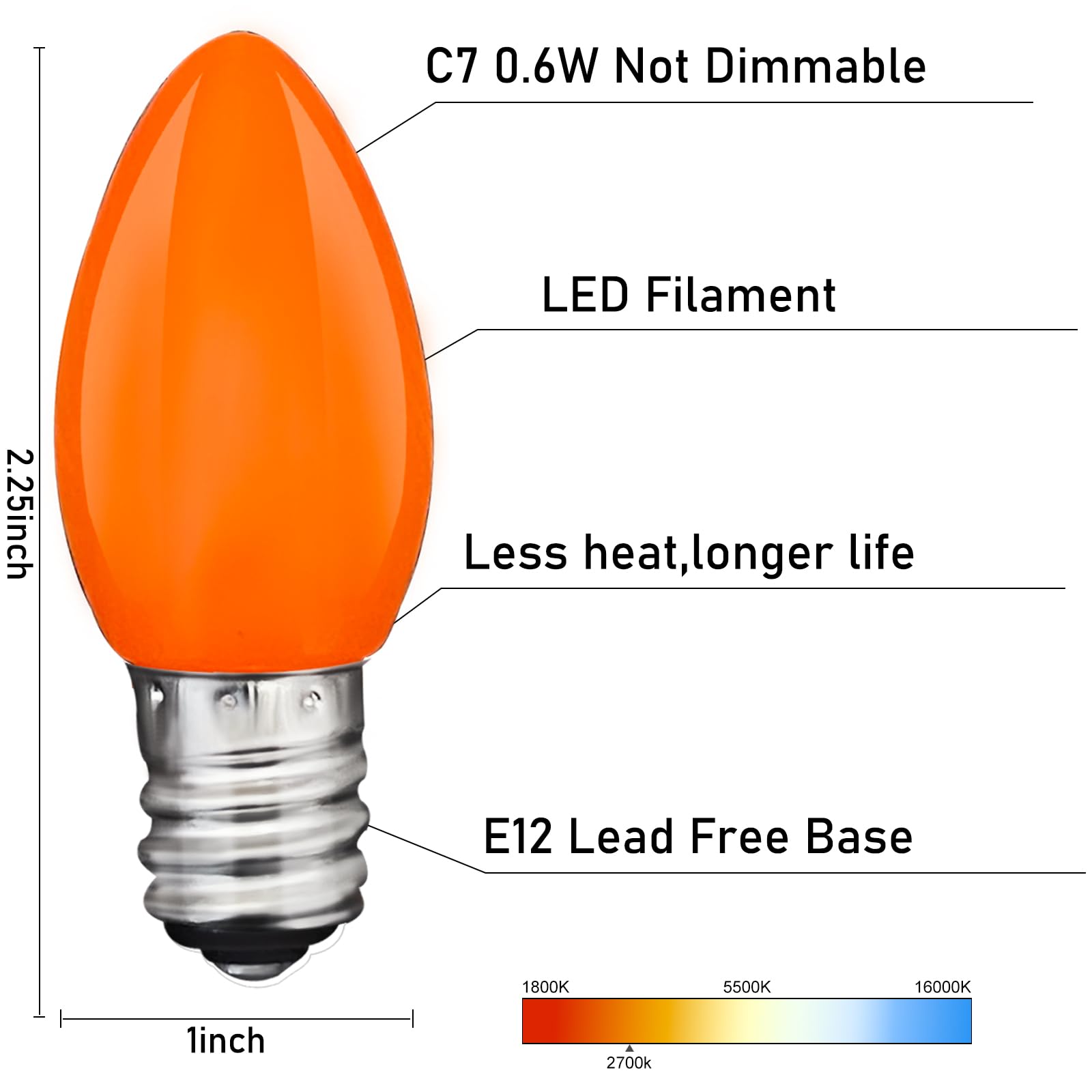 Pallerina C7 LED Christmas Lights Replacement Bulbs, 0.6W, Shatterproof Plastic, Ceramic Orange, E12, 25 Pack