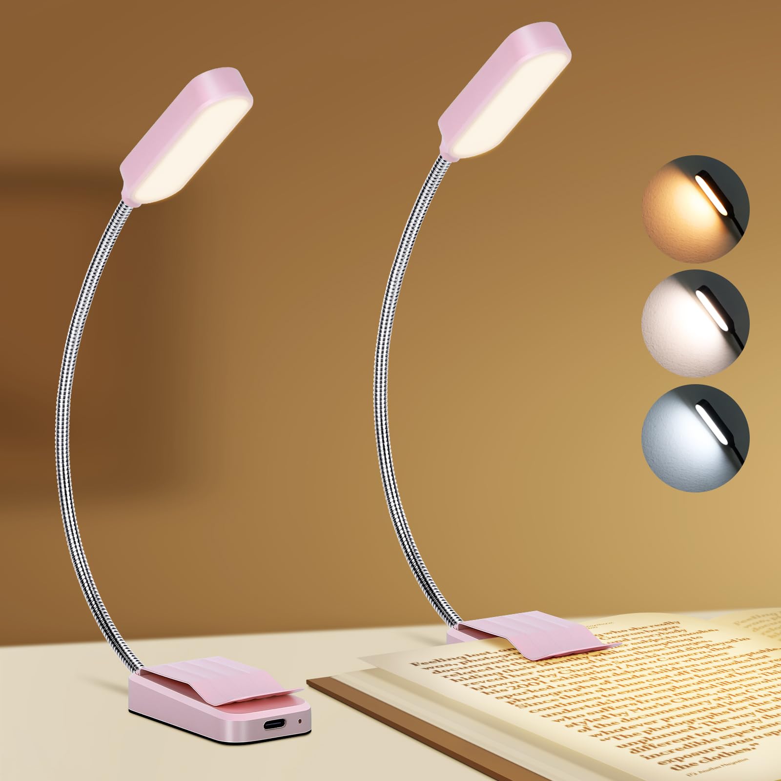 Best World LED Book Light 2 Pack, Rechargeable, 3 Colors, Stepless Dimming, 360° Flexible, Clip-on, Pink, Model WLM310-BLA-1W-