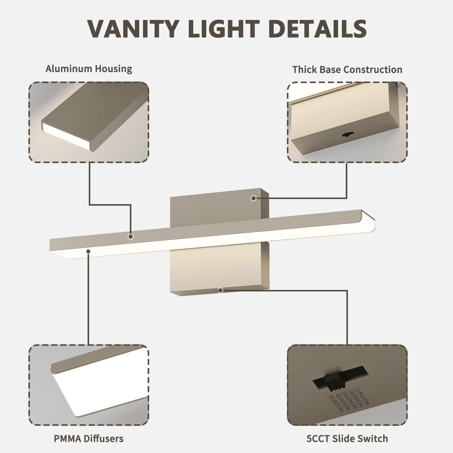 JUSHENG Brushed Nickel Vanity Light Bar 16W Dimmable 16'' Acrylic Model 6330 ETL Certified