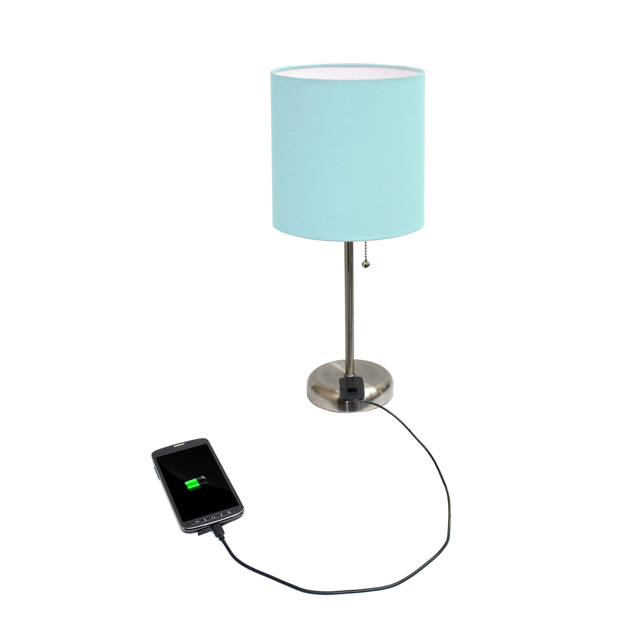 Simple Designs Lt2024-Aqu Brushed Steel Stick Table Desk Lamp With Charging Outlet And Drum Fabric Shade, Aqua