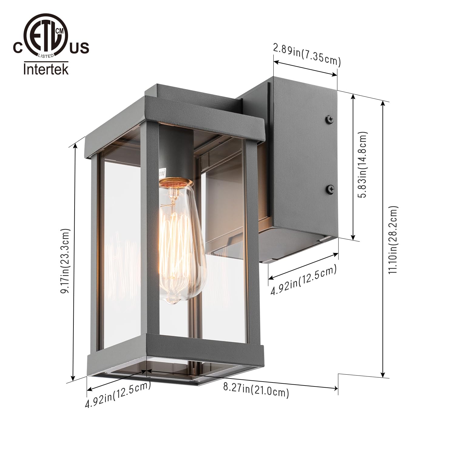 mirrea 11in Outdoor Wall Sconce, Matte Gray, Aluminum Frame, GFCI Outlet, Clear Glass Shade, Model BH012