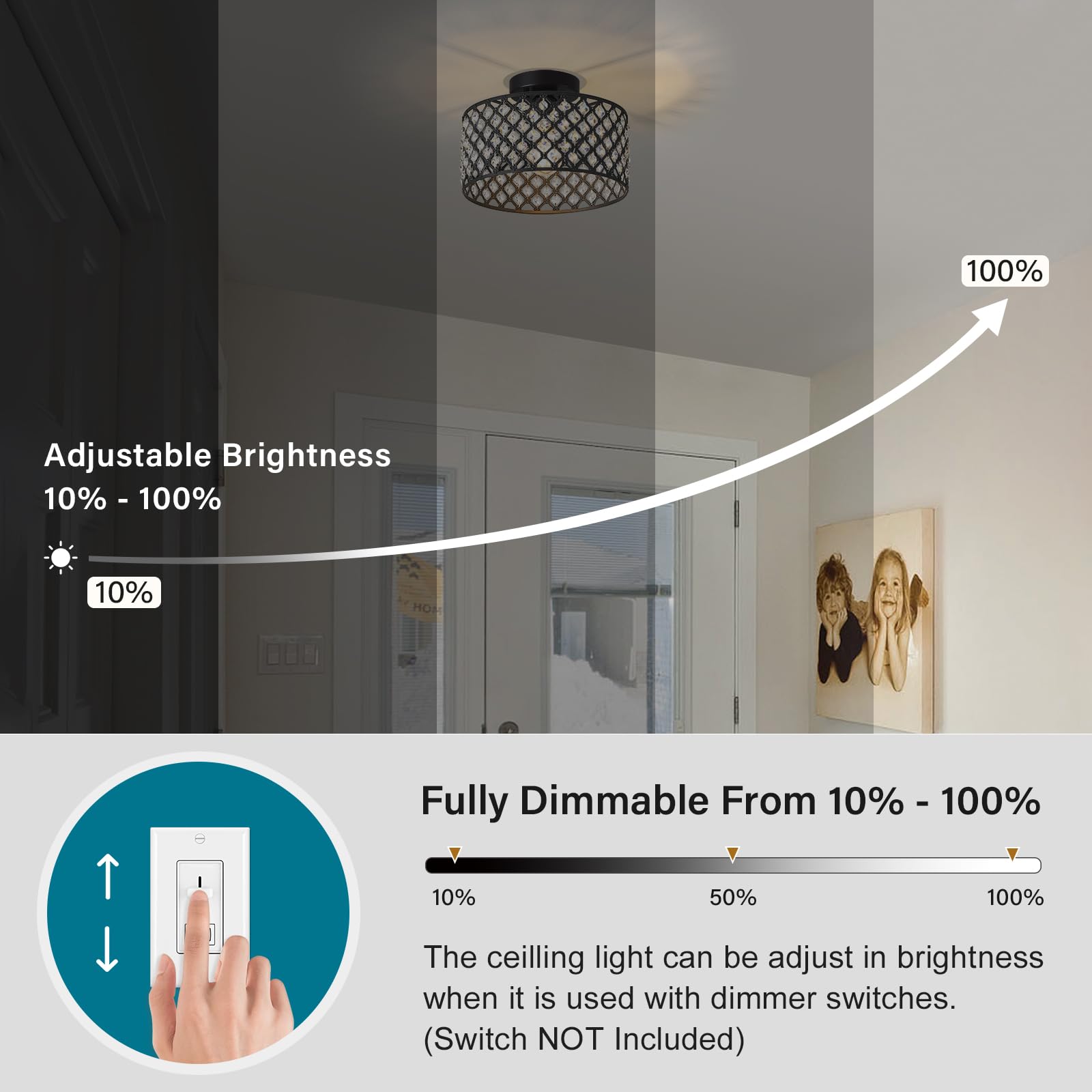 BZVESR Black Crystal Ceiling Light Fixture, Modern Semi Flush Mount Chandelier, 11.2 inch, for Dining Room, Hallway, Kitchen, Bedroom