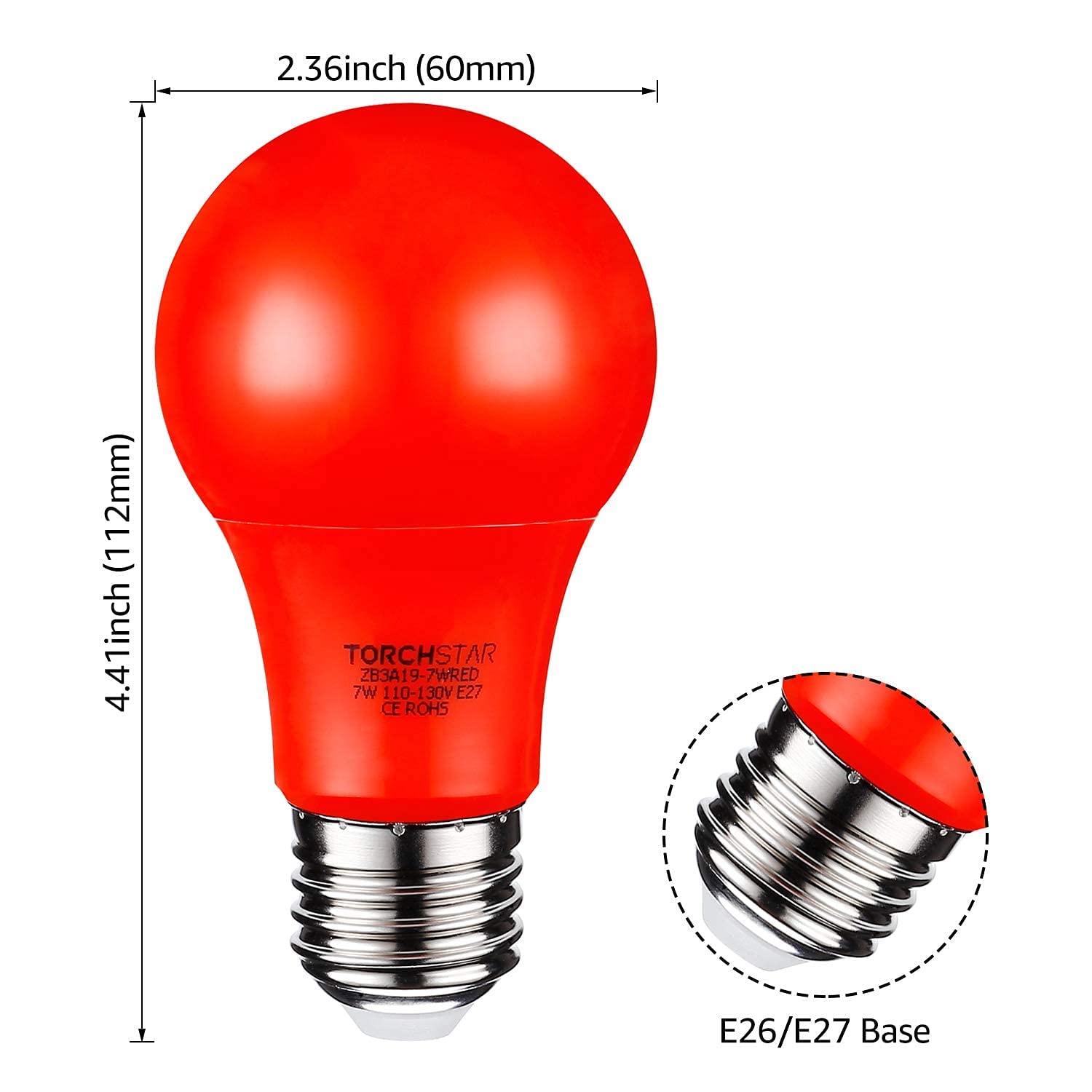 TORCHSTAR LED A19 Red Bulbs, 7W Equivalent, E26 Base, 6 Count Pack, Plastic Clad Aluminum