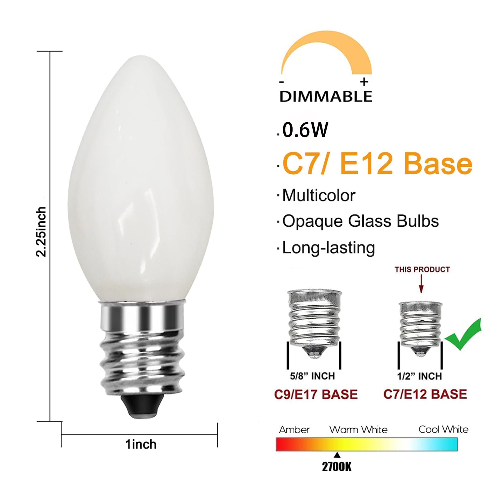 GOOTHY C7 LED Replacement Bulbs, 25 Pack, 0.6W, White, E12 Candelabra Base, Energy Saving for Christmas Outdoor Lights
