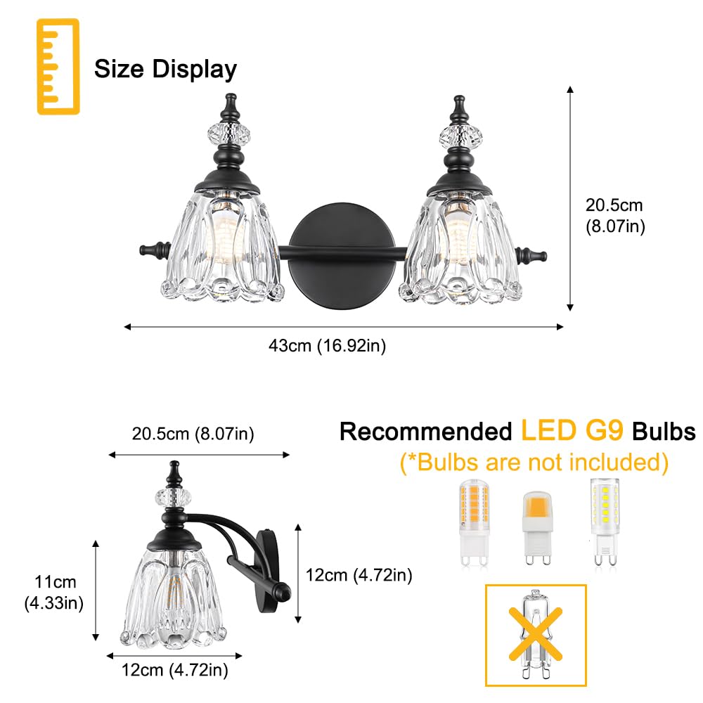Ditoon Matte Black Vanity Light - 2 Light Glass Shade Wall Sconce - Farmhouse Bathroom Lighting - Model DX230004V