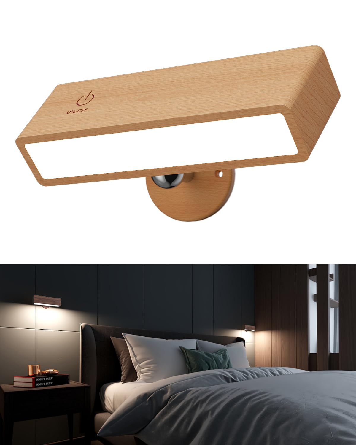 YiLaie Battery Operated Wall Sconce, Wood, Dimmable, Cordless Rechargeable, 1 Pack, Beechwood, Model EL-US-001