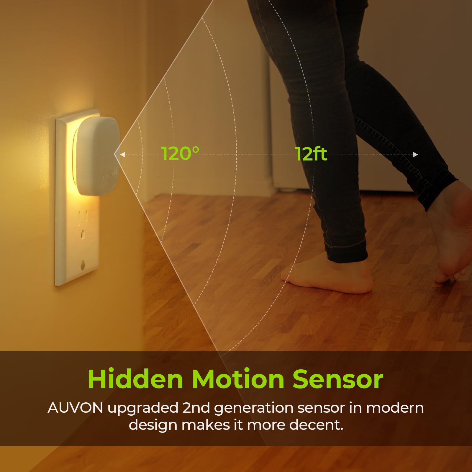AUVON Plug-in LED Night Light with Motion & Dusk Sensors, Dimmable Amber, Adjustable Brightness, Model N001A, 2 Pack