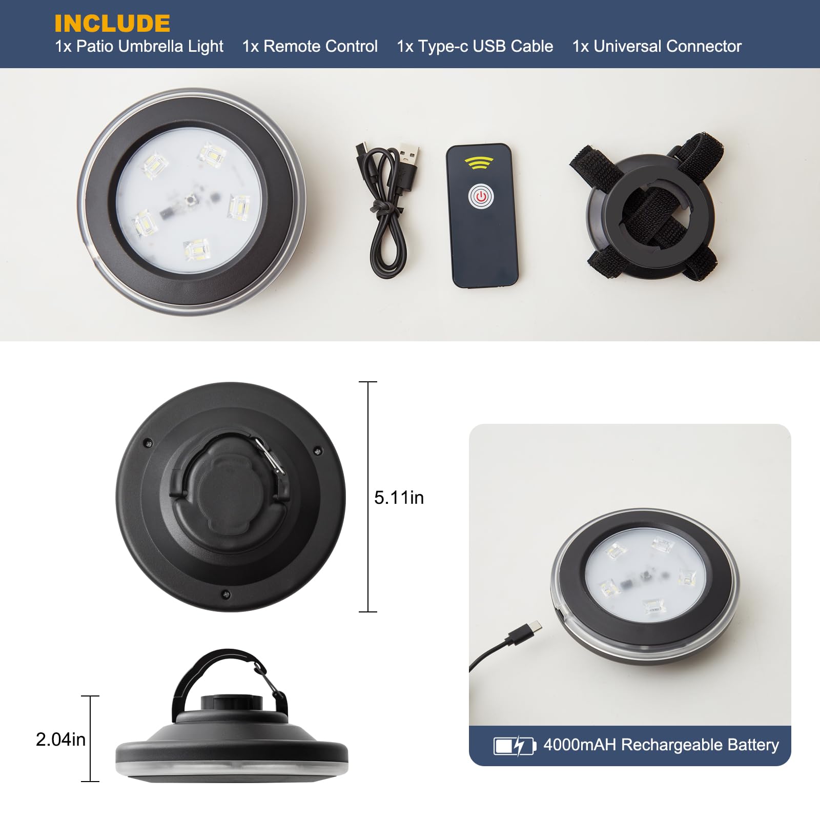 Rechargeable Patio Umbrella Lights with Remote Control, Battery Operated Cantilever Umbrella Light with 3 Brightness, Outdoor LE