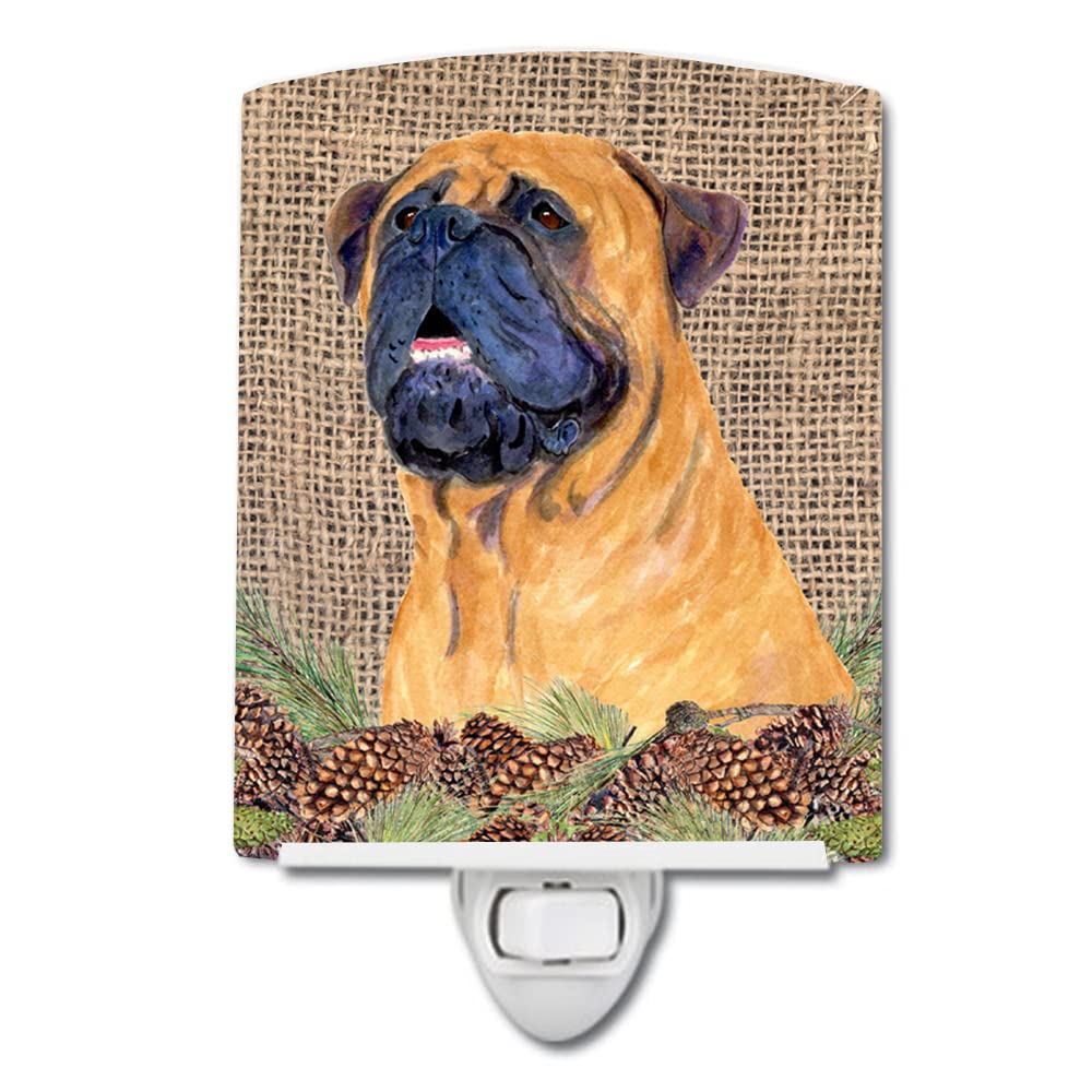 Caroline'S Treasures Ss4062Cnl Bullmastiff On Faux Burlap With Pine Cones Ceramic Night Light Compact, Ul-Certified, Ideal For Bedroom, Bathroom, Nursery, Hallway, Kitchen, 6X4X3, Multicolor