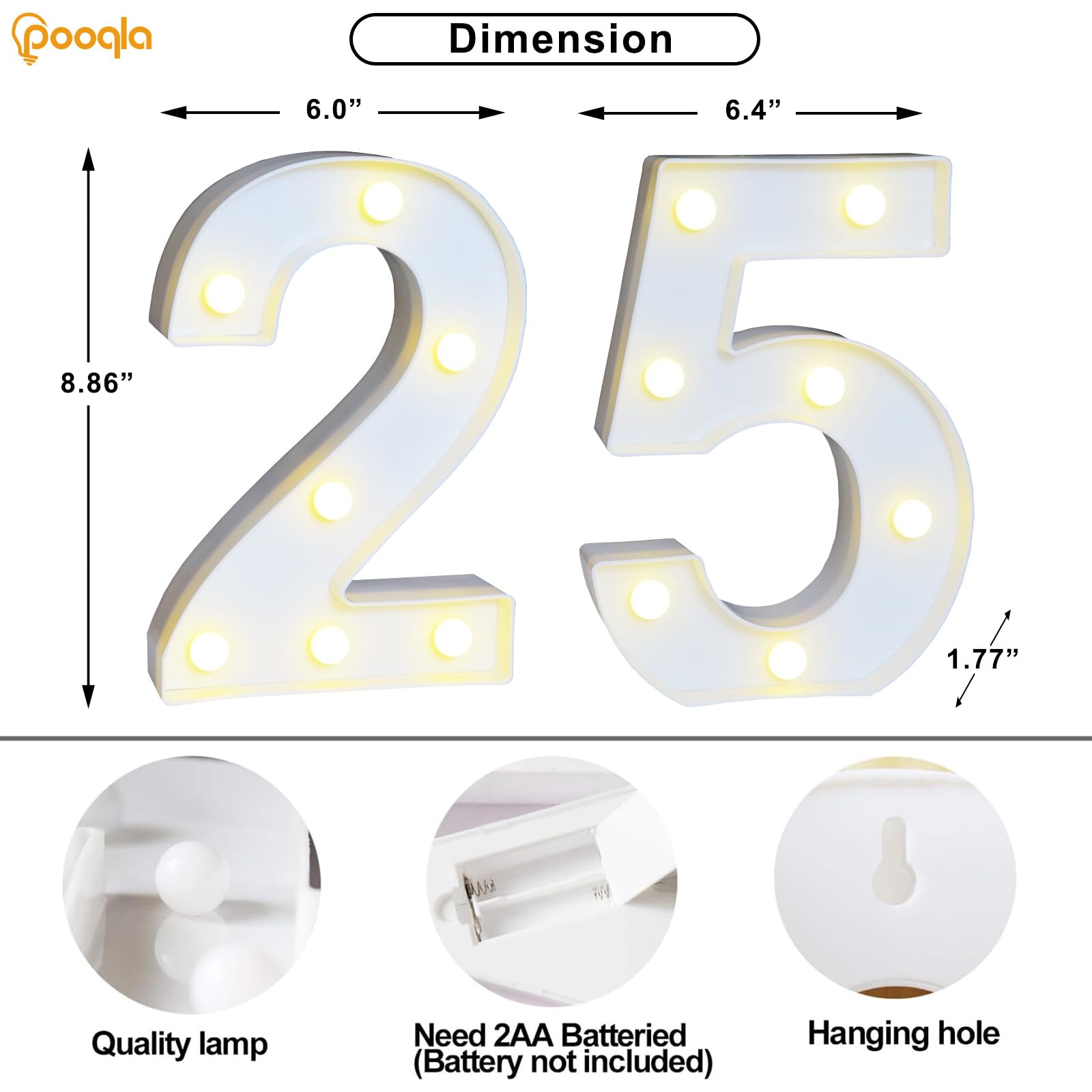 Pooqla LED Number 25 Decoration Sign, Cool & Warm White, Plastic Marquee for 25th Birthday & Wedding Anniversary Party