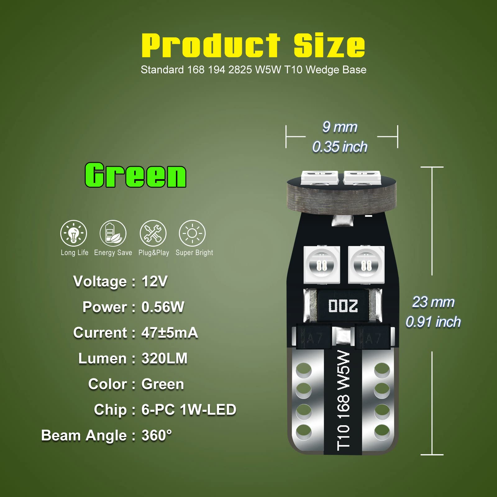 Dodofun 12V Green T10 Pc168 Pc175 Pc194 Pc194G Pc195 Pc160 Pc161 Pc195Na Instrument Cluster Light Led Bulb Replacement For Dashboard Dash Panel Gauge Indicator Lamp W5W 158 168 194 2825 With Socket
