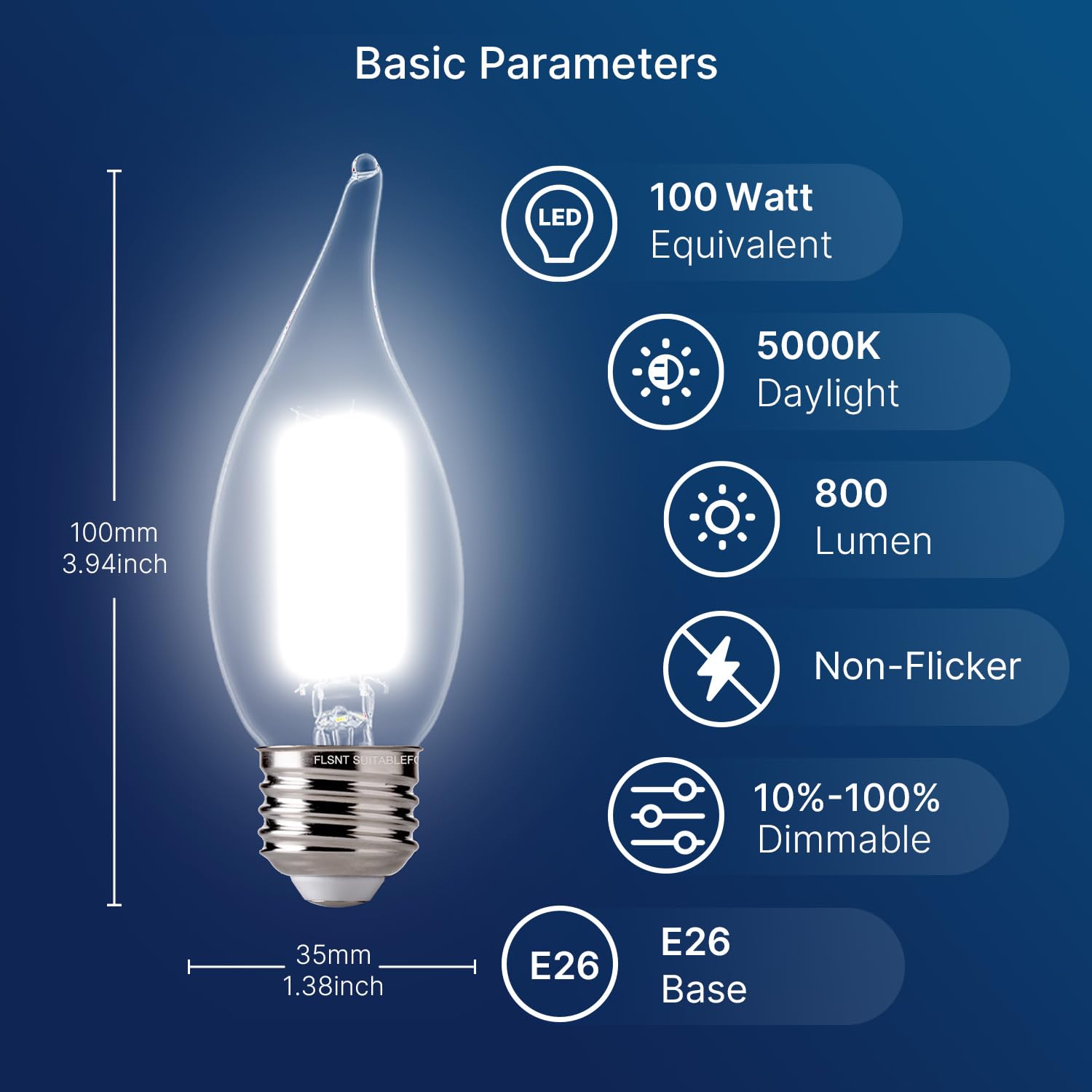 Flsnt 5000K Daylight Led Chandelier Edison Bulbs, 100W Equivalent, Dimmable Ca11 E26 Base Led Candelabra Bulbs, 800Lm, 6 Pack Ul