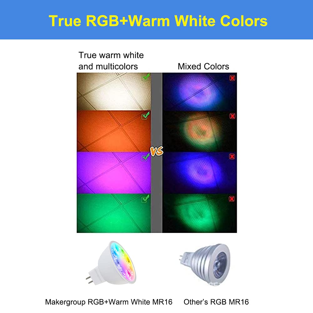 Makergroup MR16 RGB LED Bulbs, 3 Count, Color Changing, Warm White + 15 Colors, Remote Control, 4W for 12V Landscape Lighting