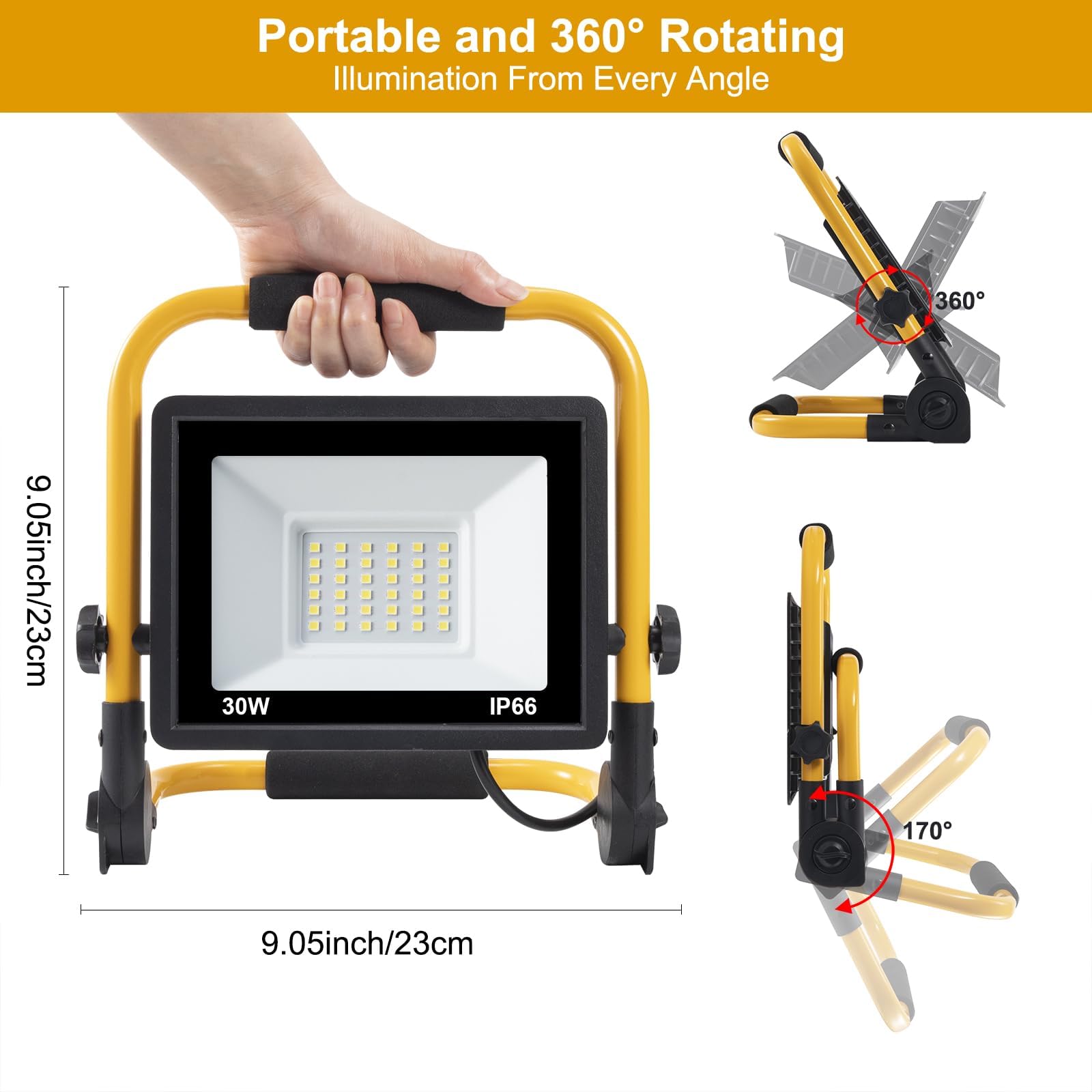 ORHOMELIFE LED Work Light 30W 3000LM 6000K IP66 Waterproof 13.1ft Cord Model SD054 Golden