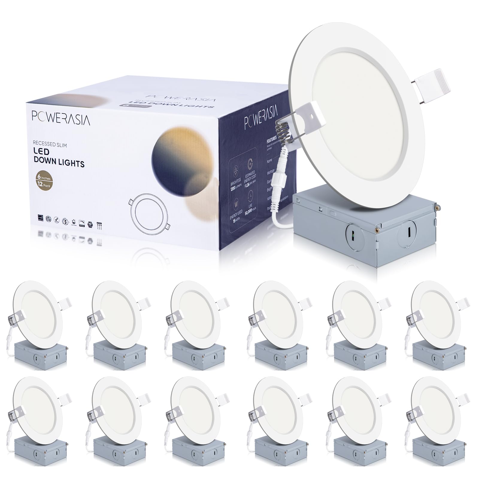 POWERASIA 12 Pack LED Recessed Ceiling Light 4 Inch 5000K Dimmable Cool White Aluminum Model 12P4IN-5000K