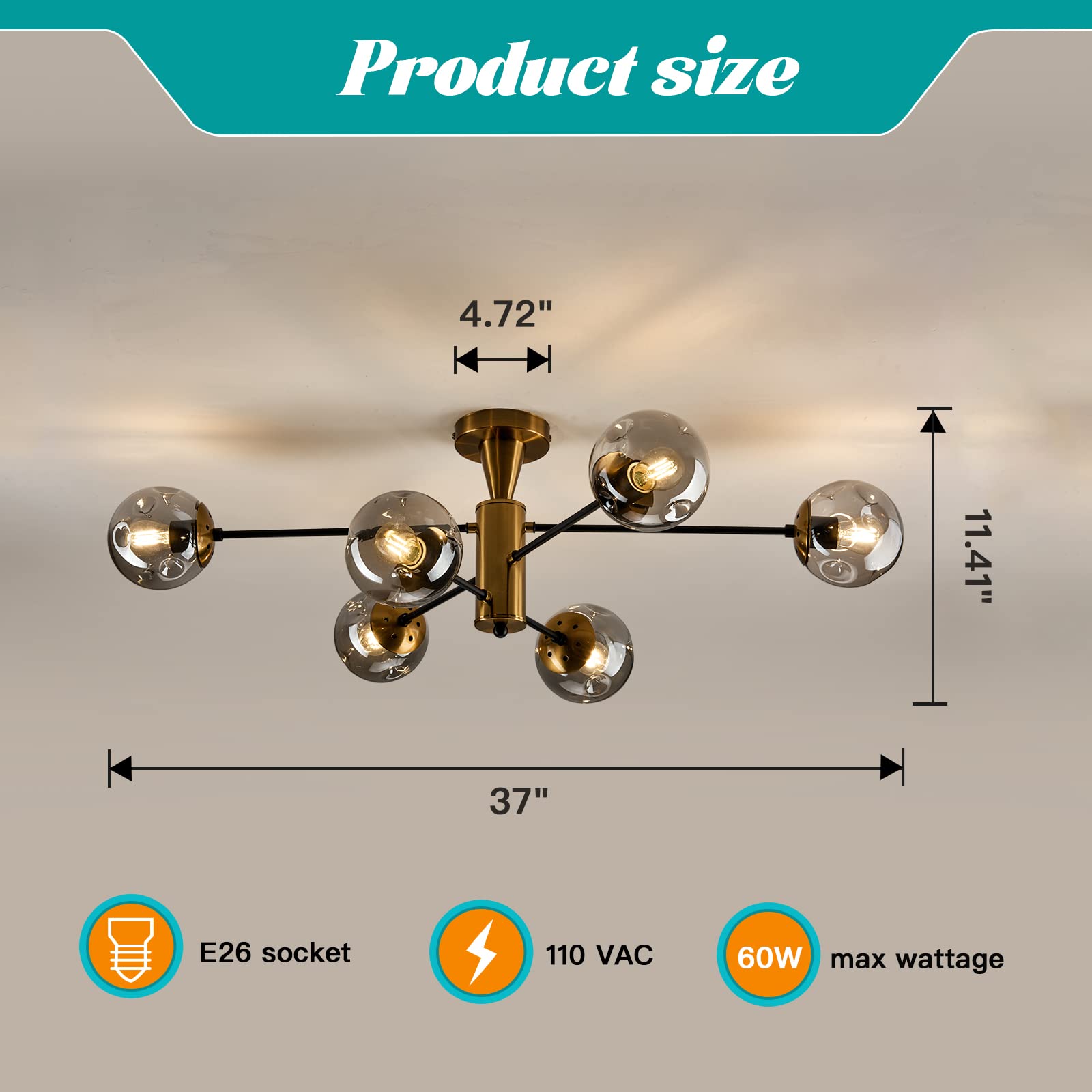 hesoge 6-Light Sputnik Gold Chandelier - Modern Semi Flush Mount Ceiling Light Fixture for Dining Room, Kitchen, Living Room