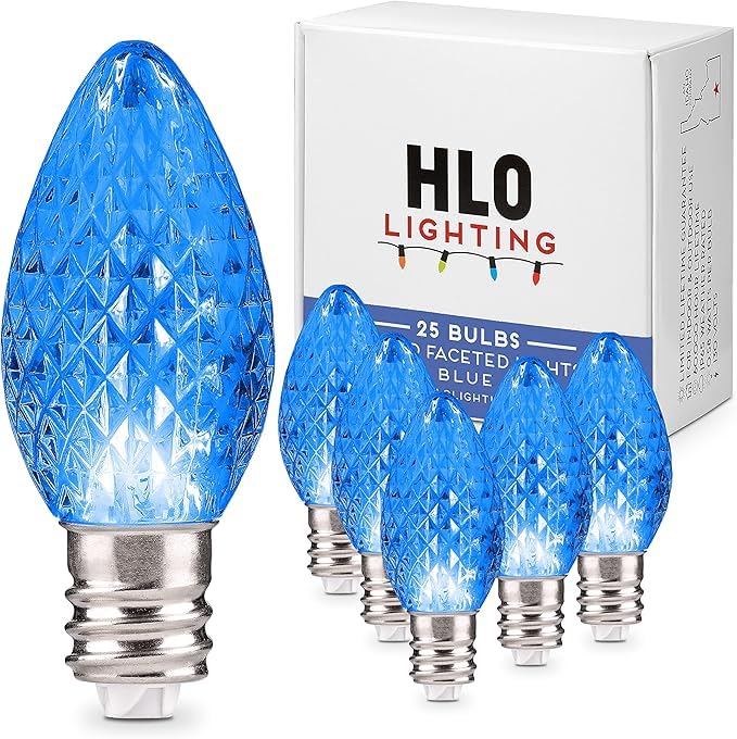 HLO Lighting C7 Christmas Lights Set of 25 | Blue LED Bulbs | Indoor & Outdoor Use | Acrylic Material