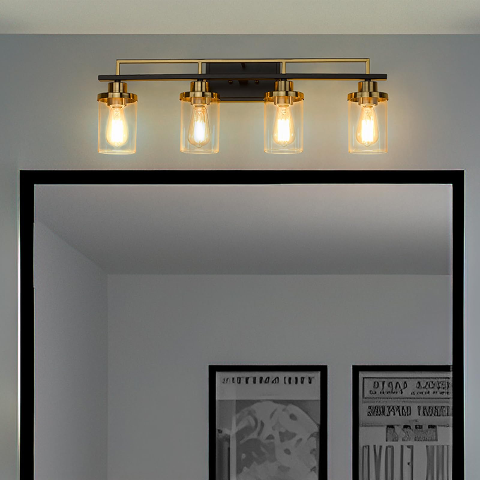 Emliviar 4-Light Bathroom Vanity Light - Black & Gold Metal Finish with Clear Glass, Model YCE238B-4W BK+BG