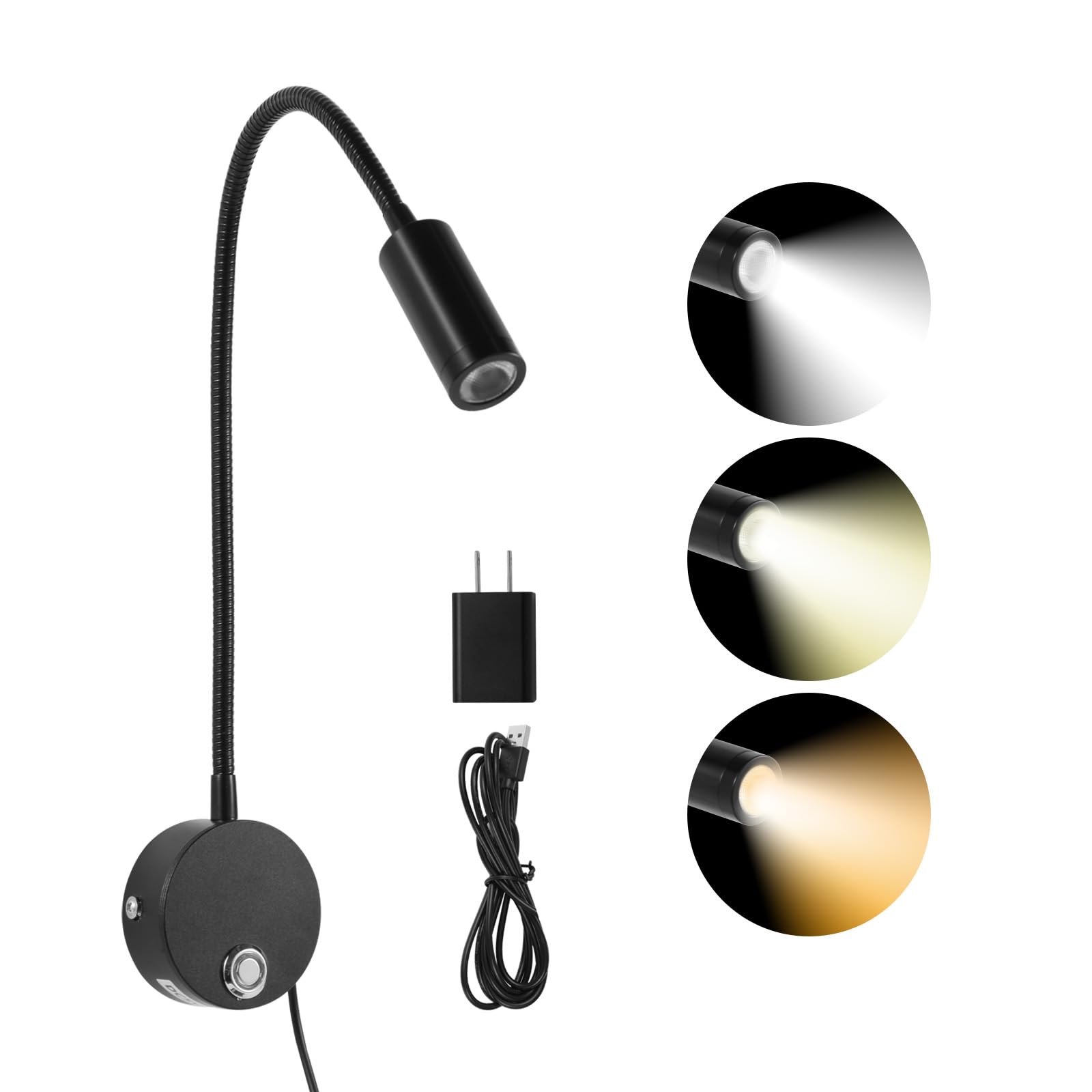 FORHIZHOM Reading Light for Bed, Wall Mounted Reading Lights with 15 Flexible Gooseneck, Touch Control, 3 Colors Temperature and