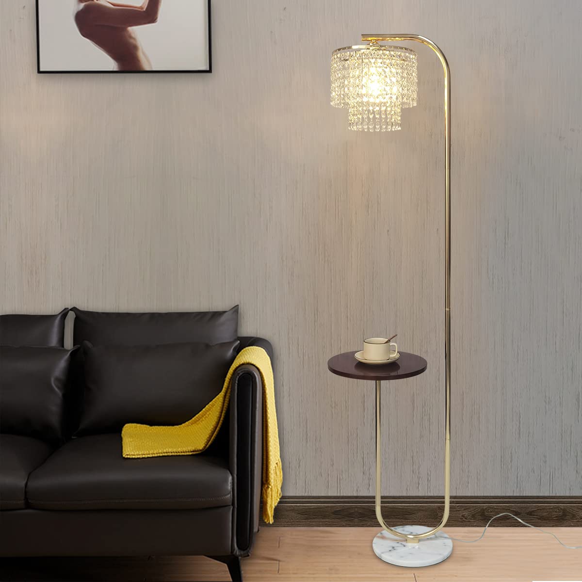 Hsyile Arc Crystal Floor Lamp For Living Room - Marble Base Modern Tall Stand Up Light With Table,Contemporary Over The Couch Go