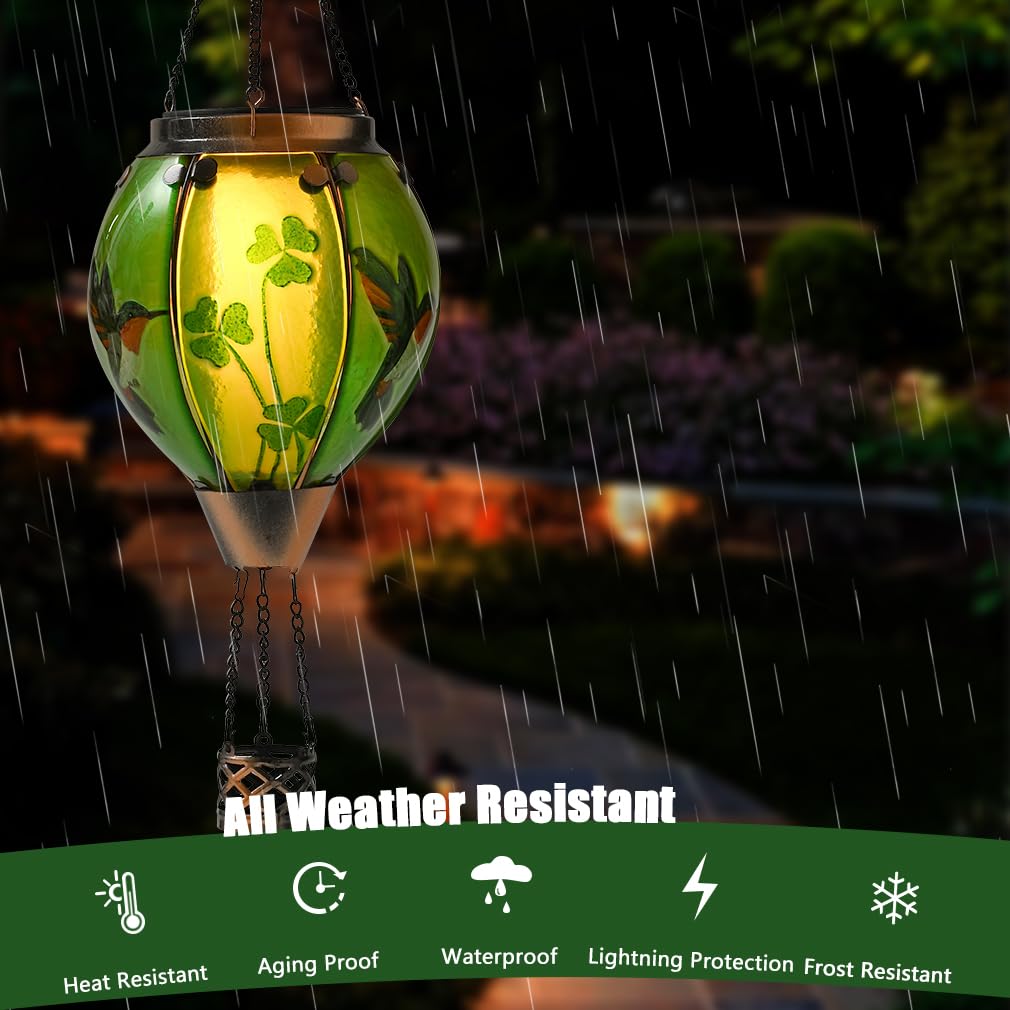Bathtoo St Patricks Hot Air Balloon Solar Lantern, Glass, Hummingbird & Shamrock, Simulated Flickering Flame, Outdoor Decor