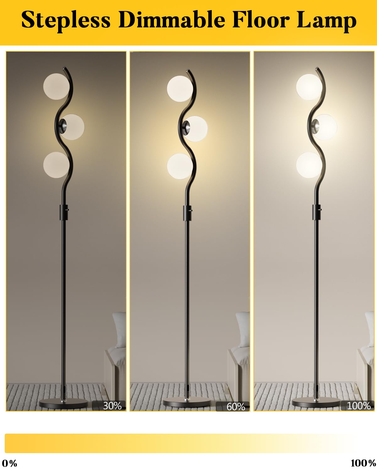 Lightdot 60In 3-Globe Dimmable Black Floor Lamp Mid Century Standing Lamps With 3Pcs 3000K Warm White G9 Bulbs Stepless Brightne