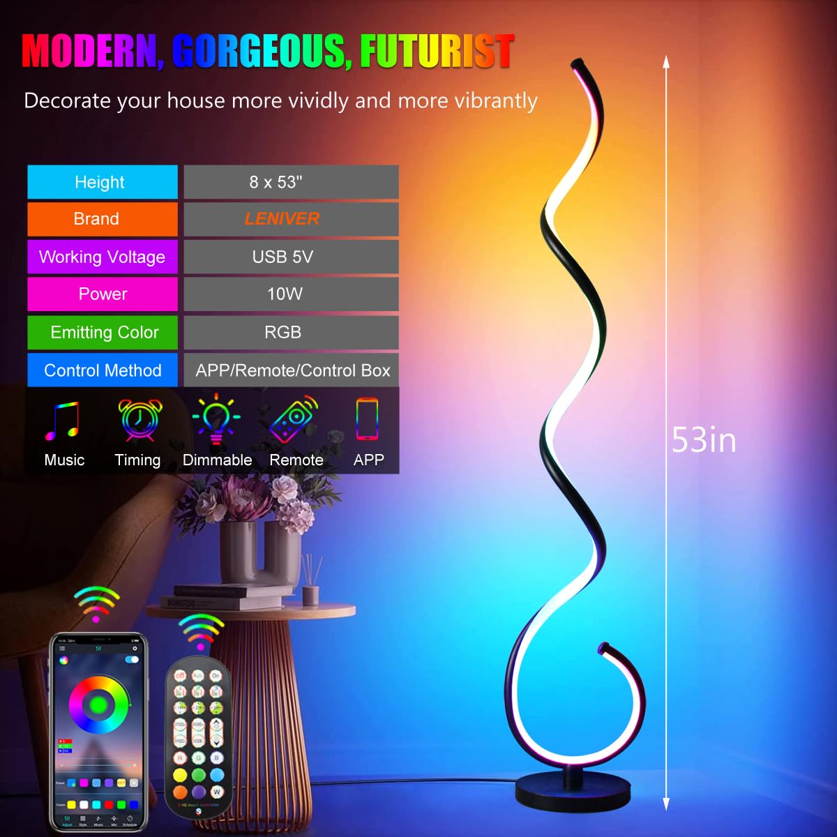 LENIVER RGB Spiral Floor Lamp - Smart Dimmable Corner Light, Black RGB, Remote APP Control, Model LNV-FL09-1-RGB