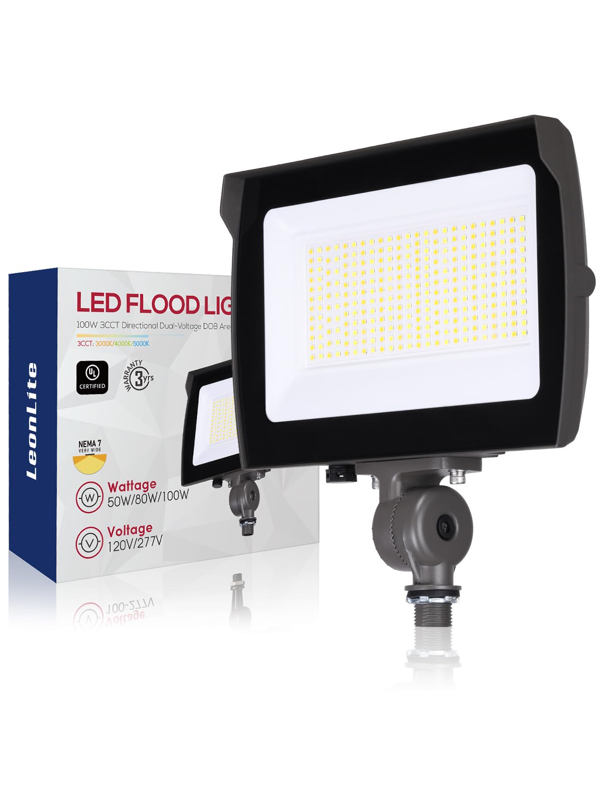 LEONLITE 100W Adjustable LED Flood Light, 3CCT Selectable, UL Listed, IP65 Waterproof, Bronze, Model SY6FL-100W50BRZ