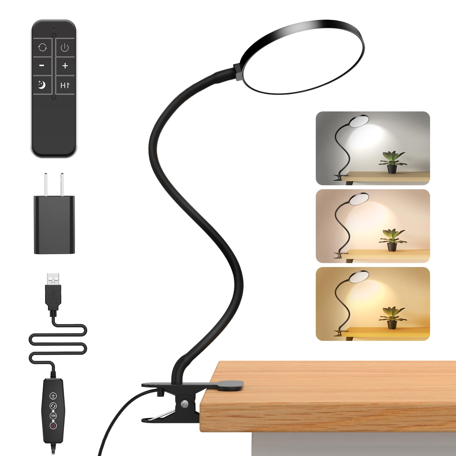 iFalarila LED Desk Lamp with Remote, Dimmable Flexible Gooseneck, 4.7in  Clip-On Light, Black, Model TBL247RF-BK