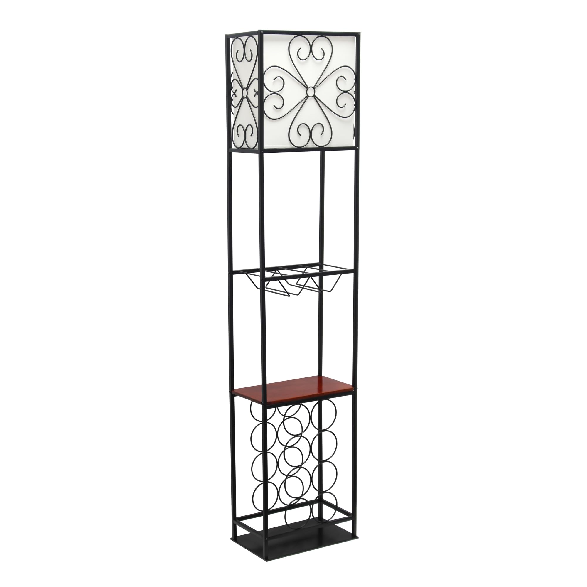 Elegant Designs Lf1021-Blk Etagere Organizer Wood Accented Storage Shelf And Wine Rack With Linen Shade Floor Lamp, Black
