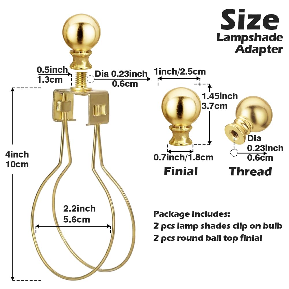 Asjeumt 2Pcs Lamp Shade Light Bulb Clip Adapter Kit, Gold Lampshade Holder Adapter With Round Top Finial, No Harp Required, Clip