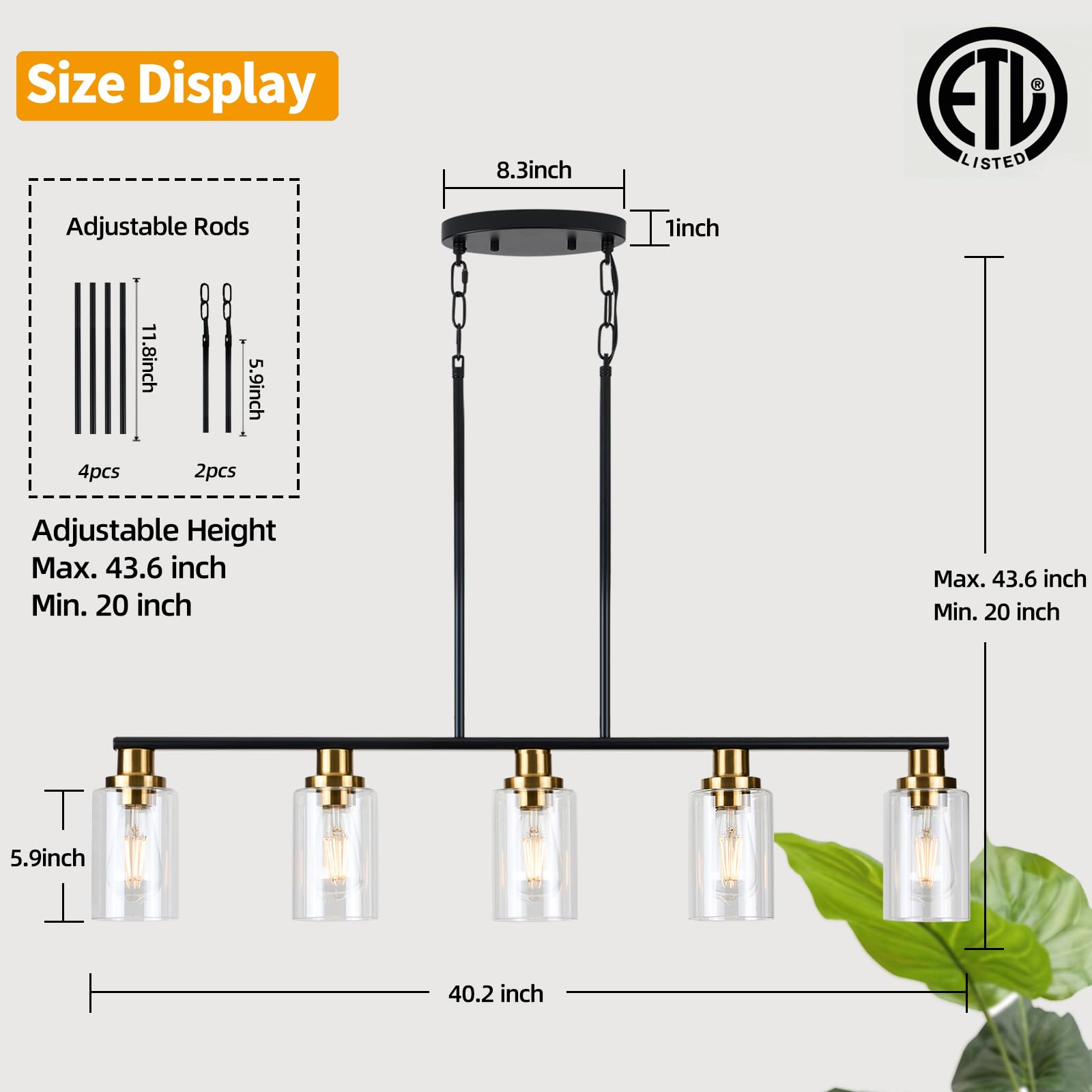 Kpiok Dining Room Light Fixture,5-Light Farmhouse Linear Chandeliers For Dining Room Over Table,Matte Black And Gold Finish Kitchen Island Pendant Lighting For Kitchen Island,Pool Table Light
