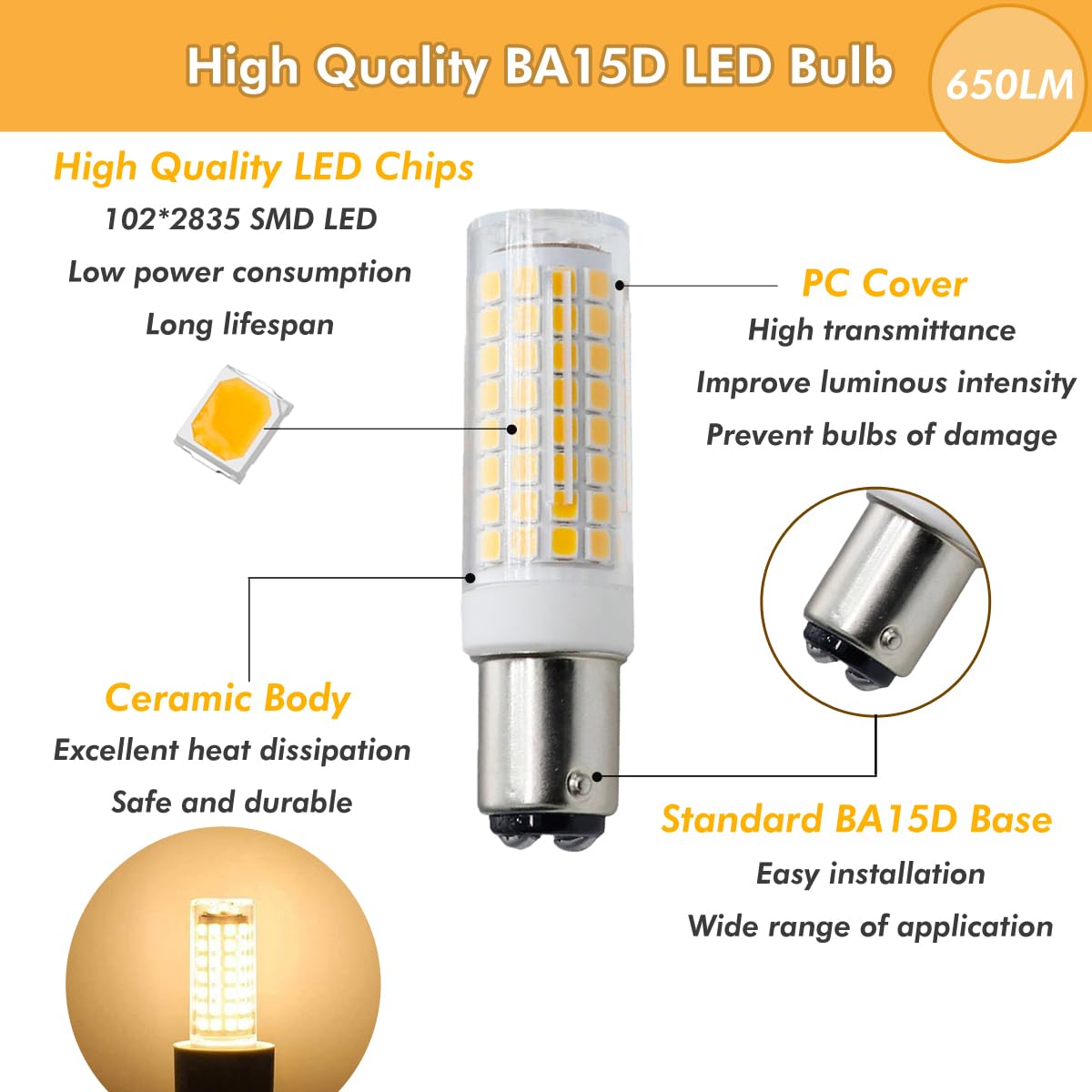 ZSSXOLED BA15D LED Bulb - 6W Dimmable Warm White 3000K, Double Contact Bayonet Base, Pack of 4