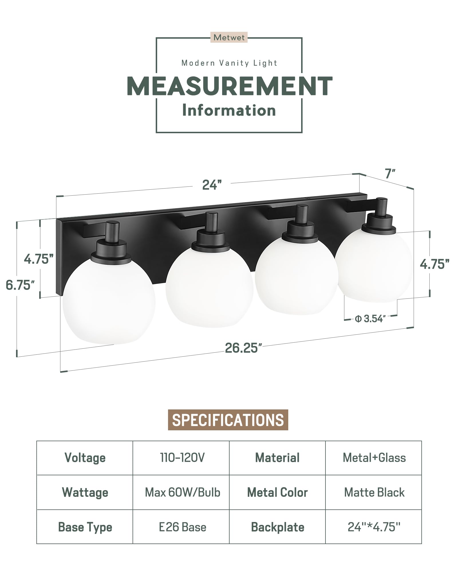 Metwet Bathroom Light Fixtures, 4 Light Matte Black Vanity Light, 26 Inch Modern Wall Sconces With Globe Milk White Glass Shade,